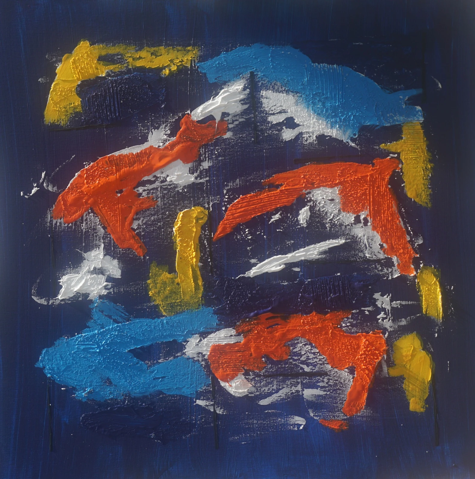 Chromatic Symphony, an abstract acrylic painting with blue, white, red and gold gestures