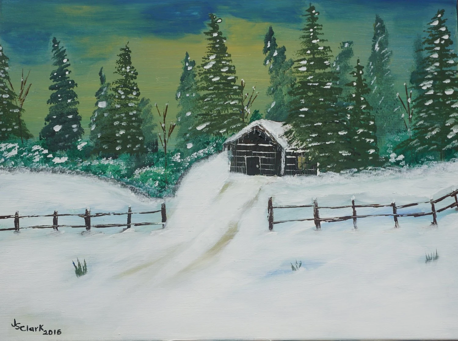 Winter Cabin — landscape painting by Jimmy S. Clark Jr.